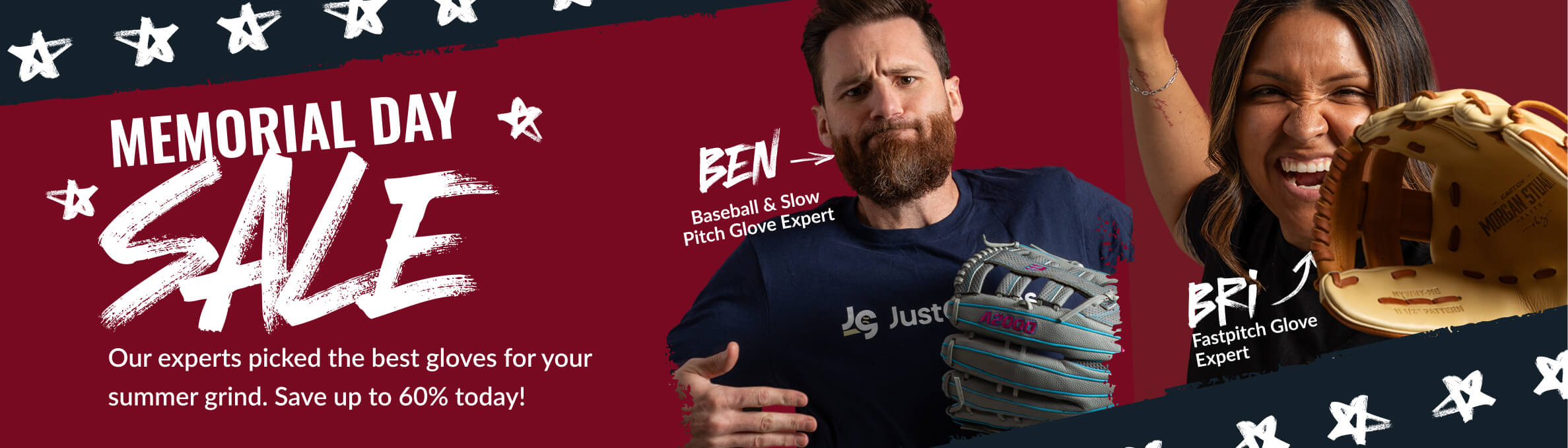 Memorial Day Sale - Our experts picked the best gloves for your summer grind. Save up to 60% today! Two of our glove experts looking excited about Memorial Day, wearing JustGloves gear